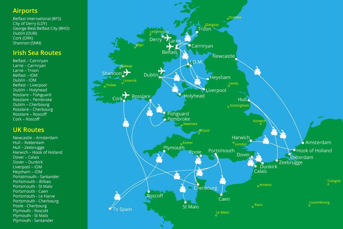 Karte von der Fähre Häfen in Irland