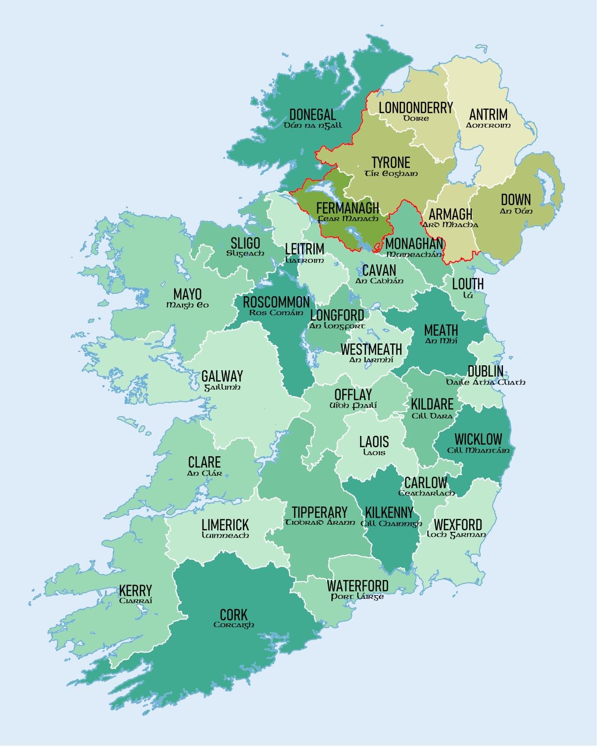 Karte des südlichen Irland, Landkreise