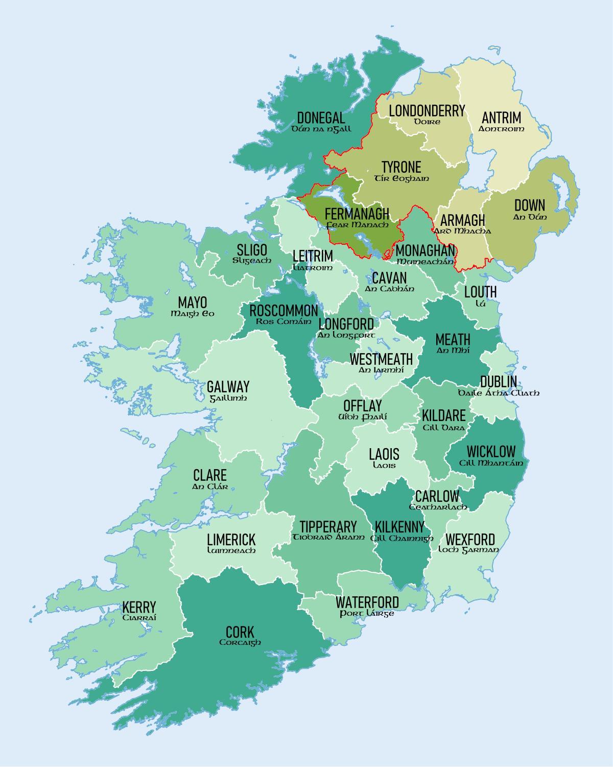 Karte des südlichen Irland, Landkreise