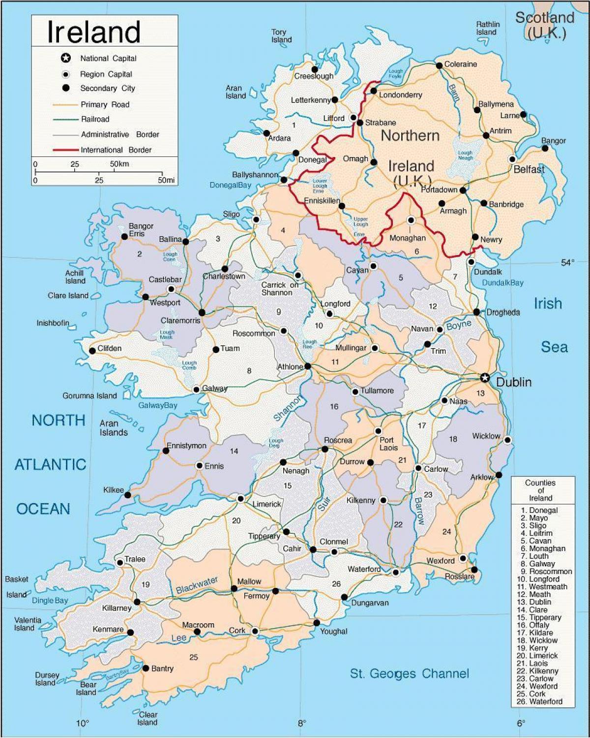 Karte von Irland mit Städten und Gemeinden